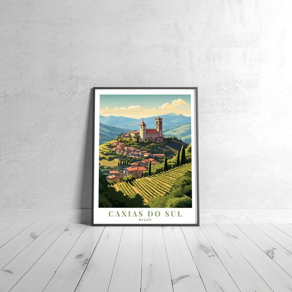 Caxias Do Sul Brazil Vintage Travel Poster Vineyard Hill Church Scene