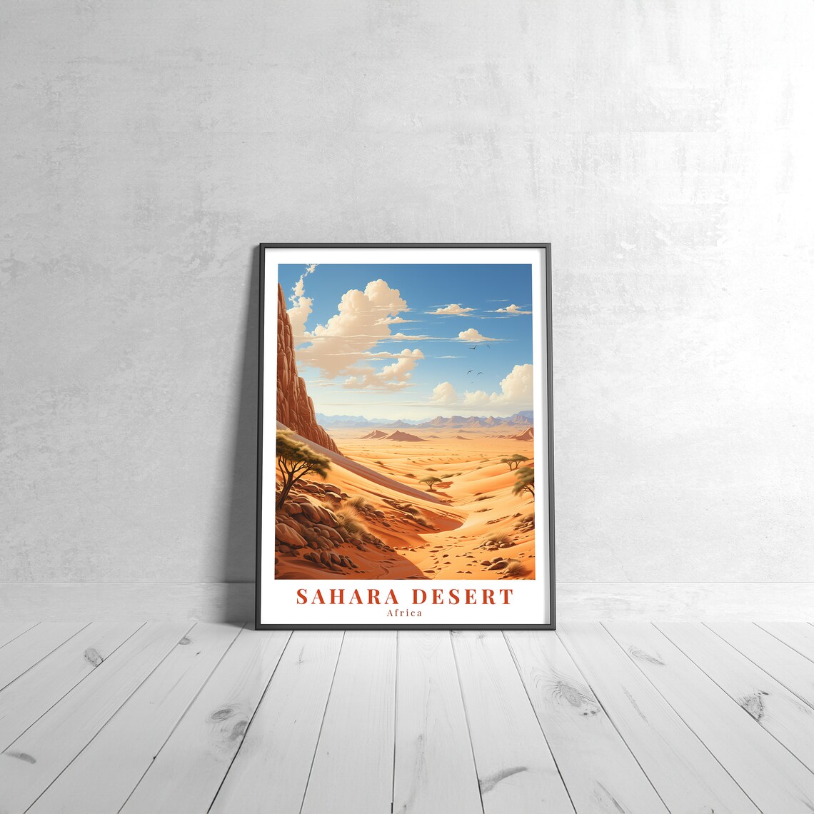 Sahara Desert Africa Golden Dunes Rocky Canyon Vintage Travel Poster