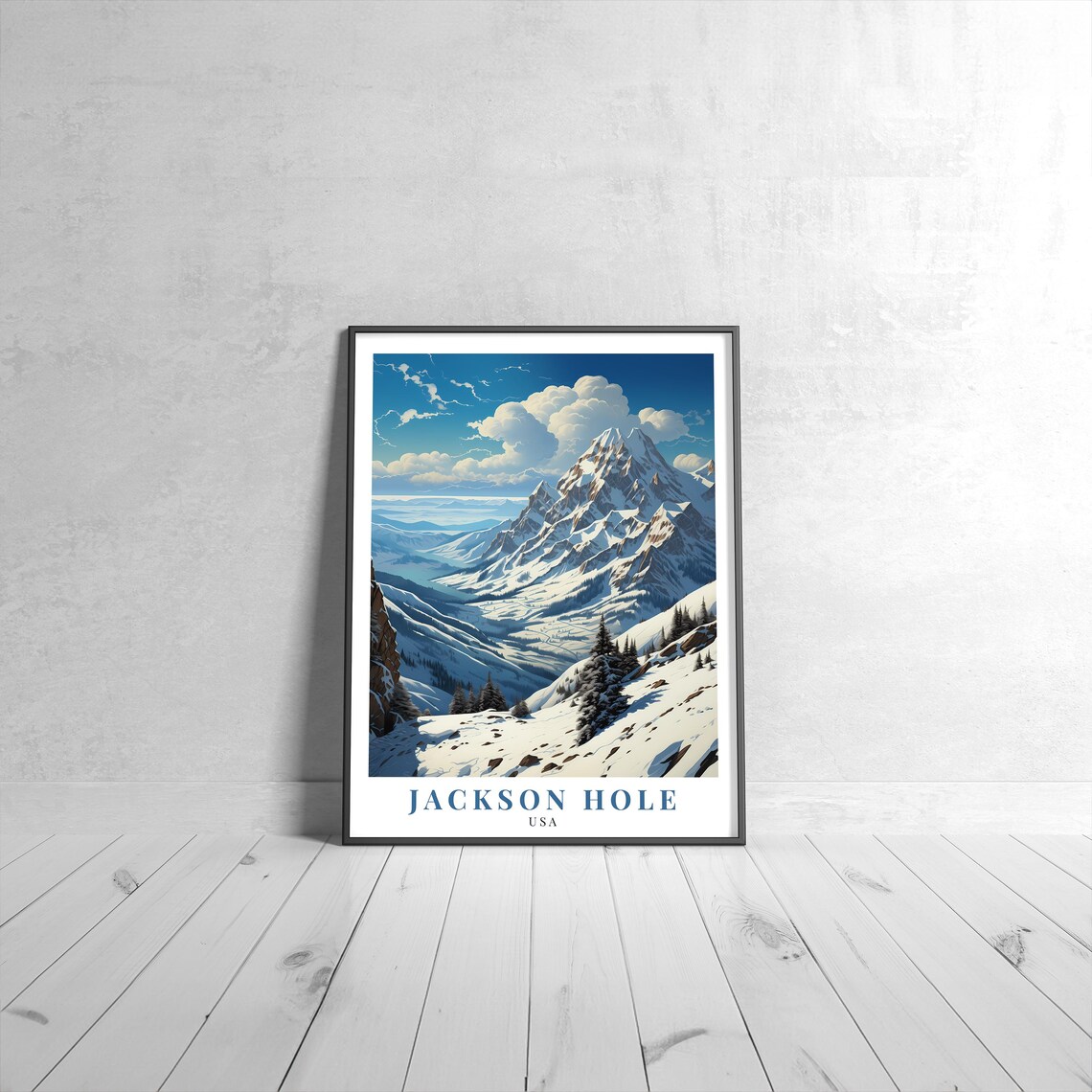 Jackson Hole USA Snowy Mountain Peaks Vintage Winter Travel Print