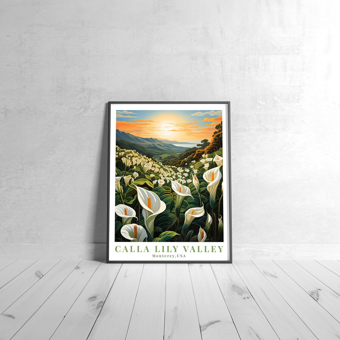 Calla Lily Valley Monterey Sunrise Retro Travel Illustrated Poster
