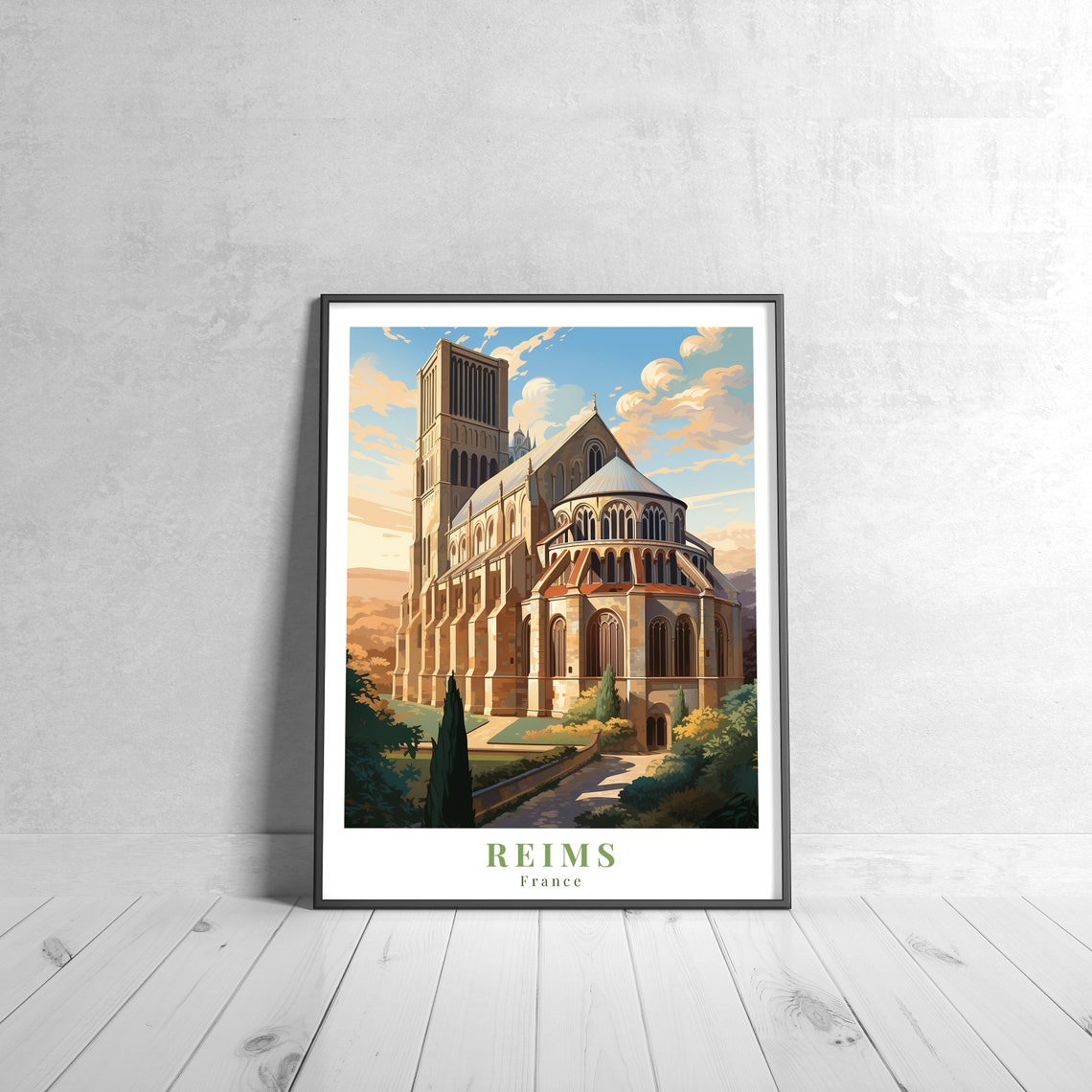 Reims France Cathedral Apse Exterior Sunset Vintage Travel Poster
