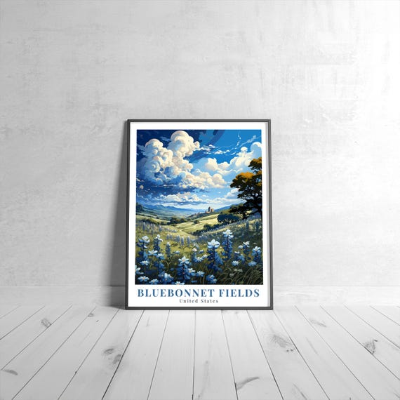 Bluebonnet Fields Vintage Travel Poster Retro Usa Art Print Colorful Home Decor Wall Unique Gift