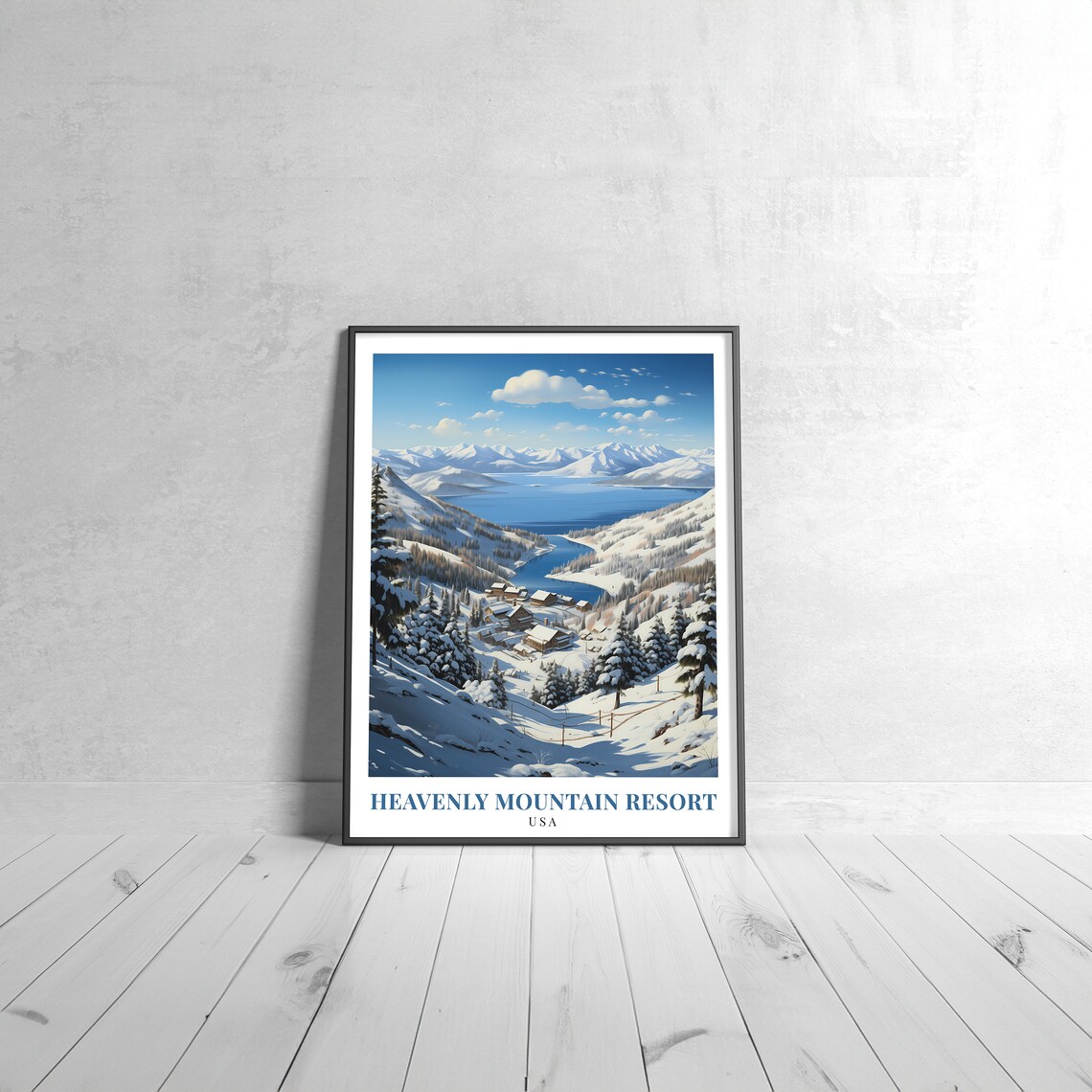 Heavenly Mountain Resort USA Snowy Lake Tahoe Vintage Travel Poster