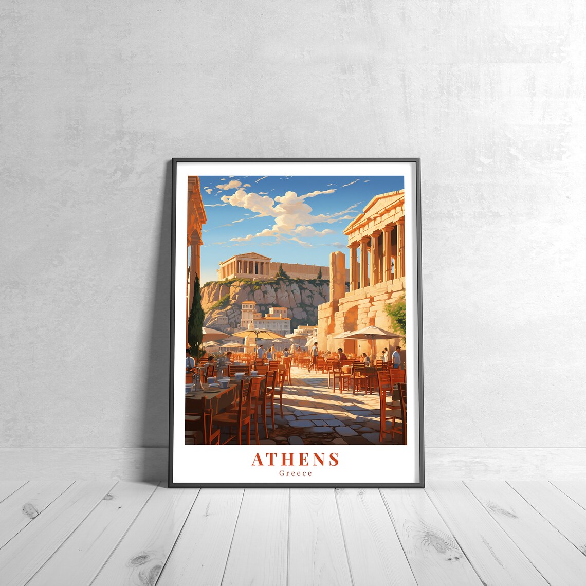 Athens Greece Acropolis Sunset Retro Travel Illustrated Poster