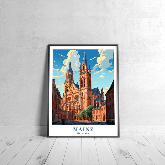 Mainz Germany Vintage Travel Poster of Cathedral and Old Town