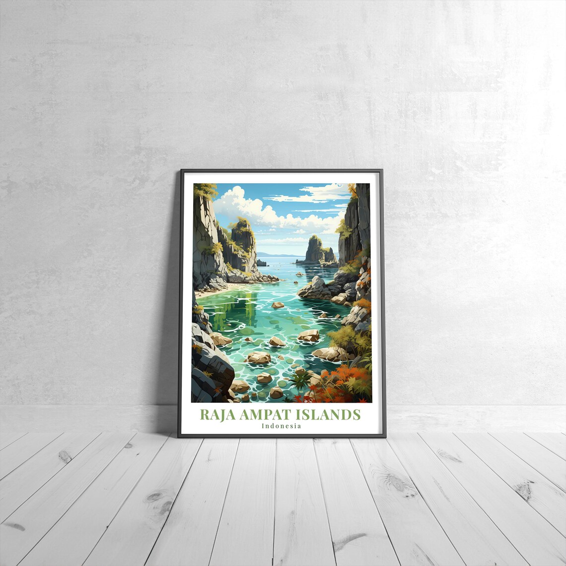 Raja Ampat Islands Indonesia Vintage Travel Tropical Lagoon Rock Cove Poster