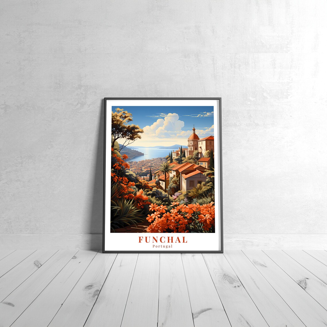 Funchal Portugal Coastal Town Red Flower Hills Travel Poster