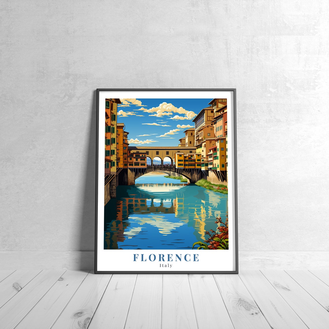 Florence Italy Vintage Travel Poster Ponte Vecchio Arno River