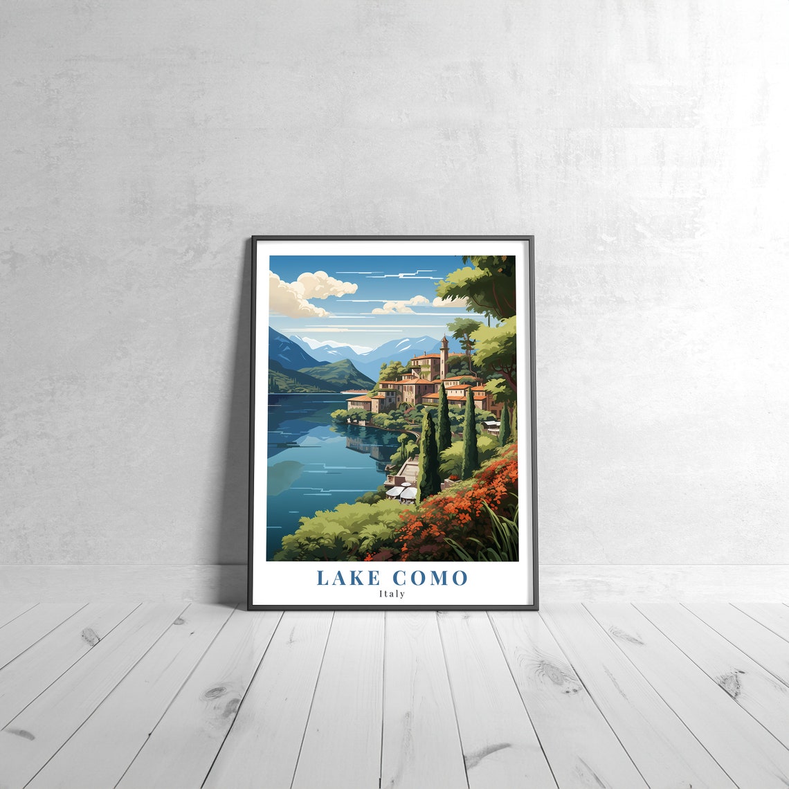 Lake Como Italy Vintage Travel Poster Lakeside Village Mountain View