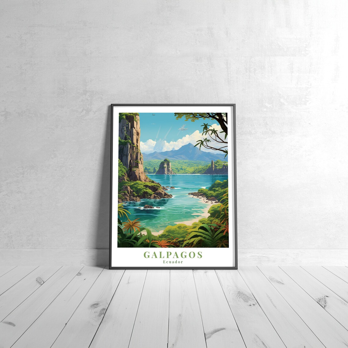 Galapagos Ecuador Vintage Travel Poster of Tropical Cove and Cliffs