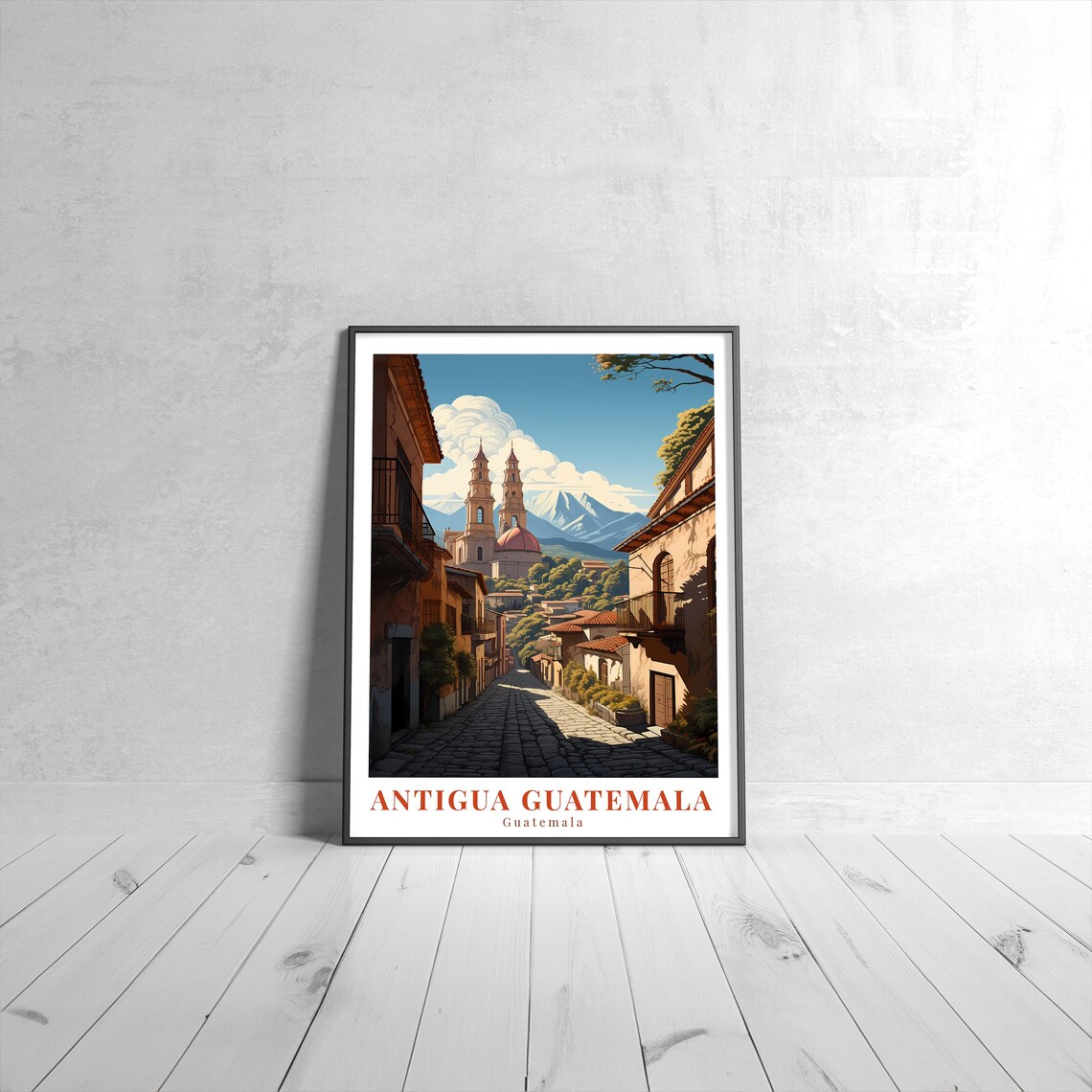 Antigua Guatemala Cobblestone Street Church Vintage Travel Poster