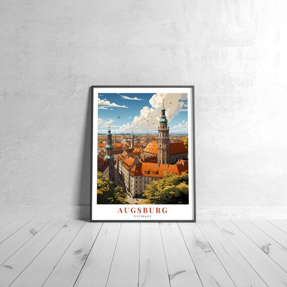 Augsburg Germany Church Towers Old Town Rooftops Vintage Travel Poster
