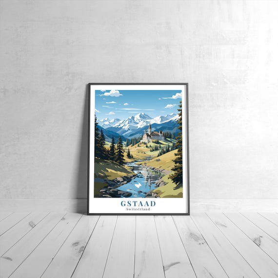 Gstaad Vintage Travel Poster Retro Switzerland Art Print Colorful Home Decor Wall Unique Gift
