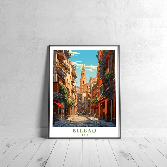 Bilbao Spain Old Town Street Bell Tower Vintage Travel Poster