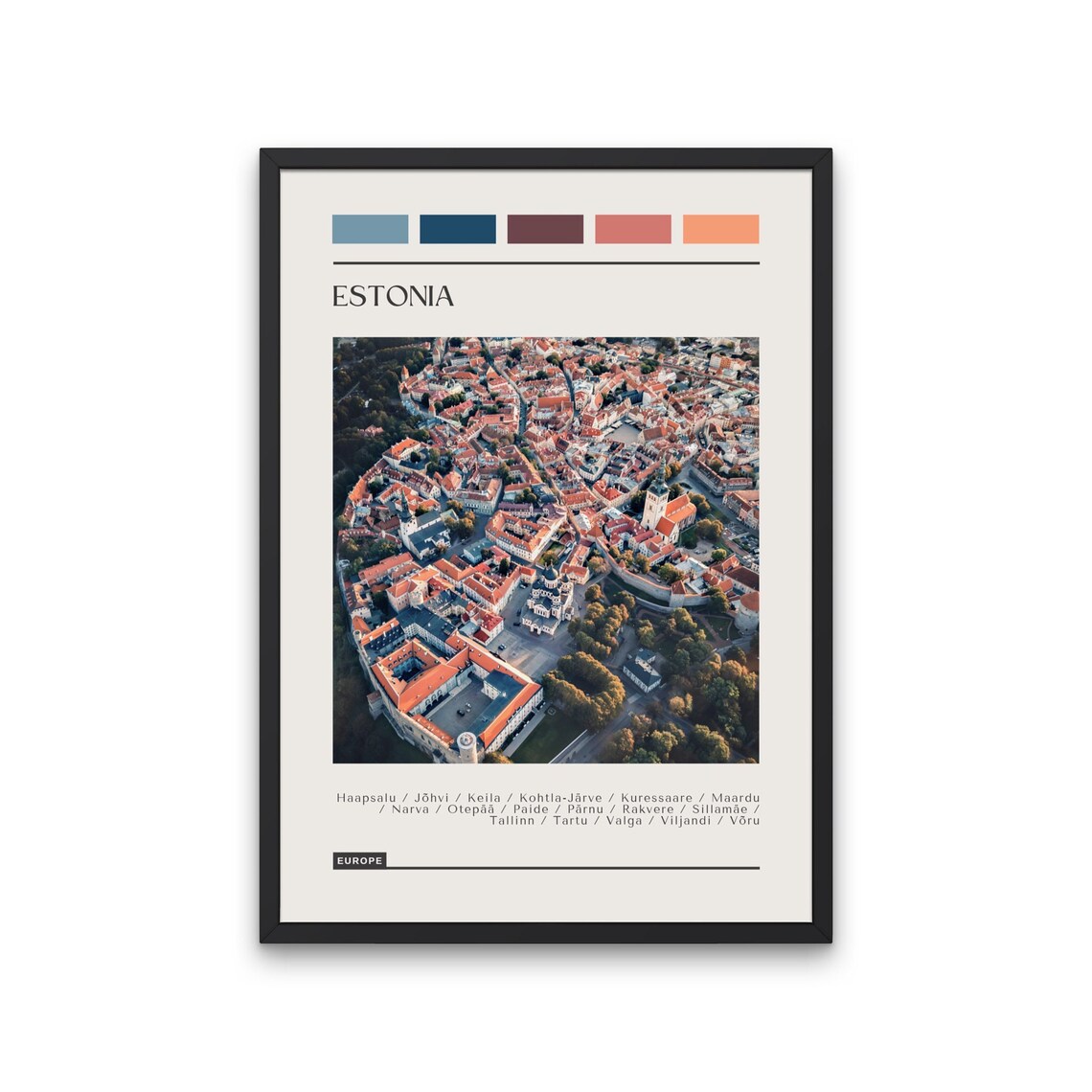 Estonia Tallinn Old Town Aerial Scenic Color Block Travel Poster