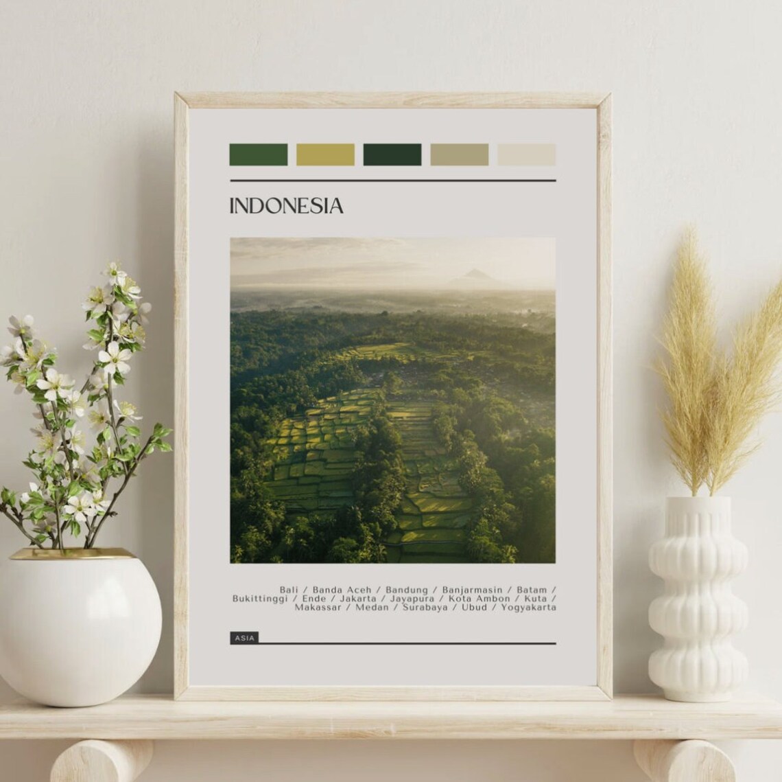 Indonesia Rice Terraces Lush Green Valley Color Block Travel Poster