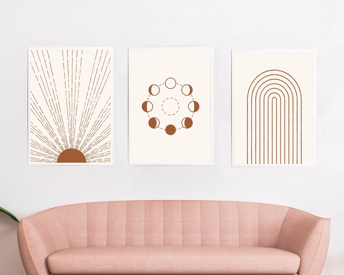 Boho Sun Moon And Rainbow Three Print Set Home Decor Simple Print Home Wall Art Bohemian Home Decor Minimal Poster