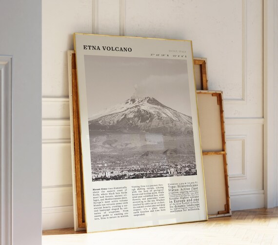 Etna Volcano Sicily Italy Black White Mountain Travel Poster Coordinates