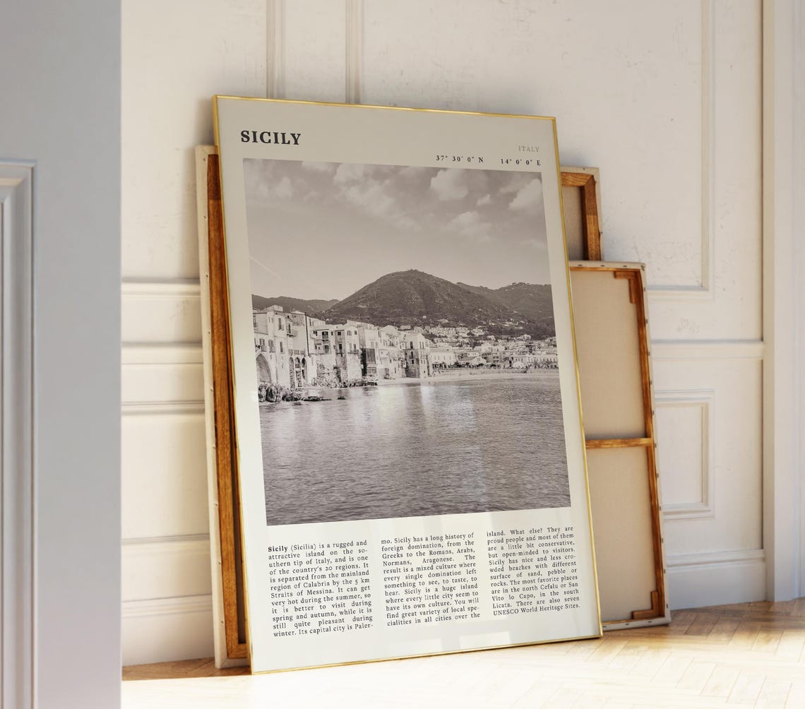 Sicily Poster Italian Coastal Wall Art Vintage Black And White Travel Print