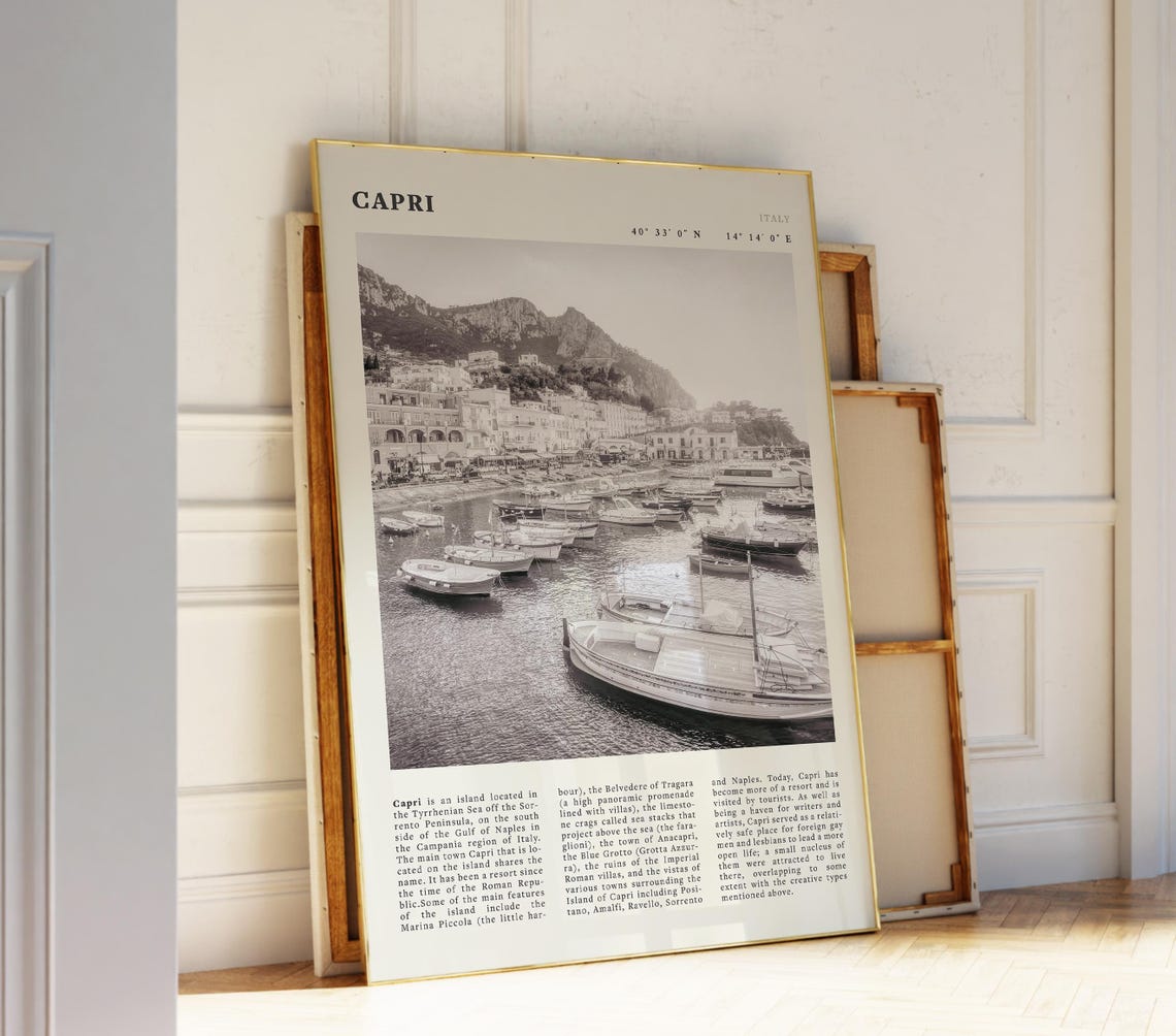 Capri Italy Black and White Harbor Boats Amalfi Coast Travel Poster