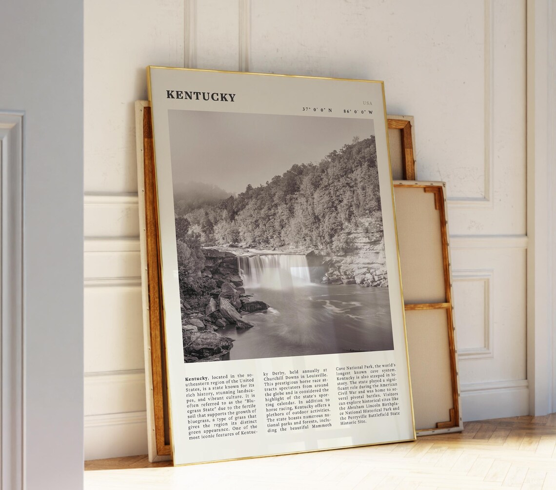 Kentucky Waterfall Black White Poster, Nature Art Print