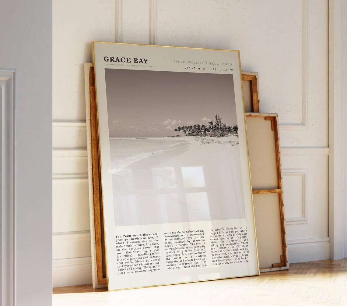 Grace Bay Turks and Caicos Black and White Beach Coastline Travel Poster