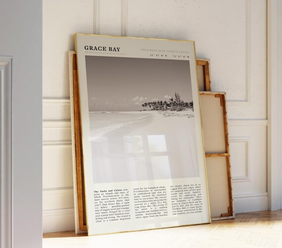 Grace Bay Turks and Caicos Black and White Beach Coastline Travel Poster