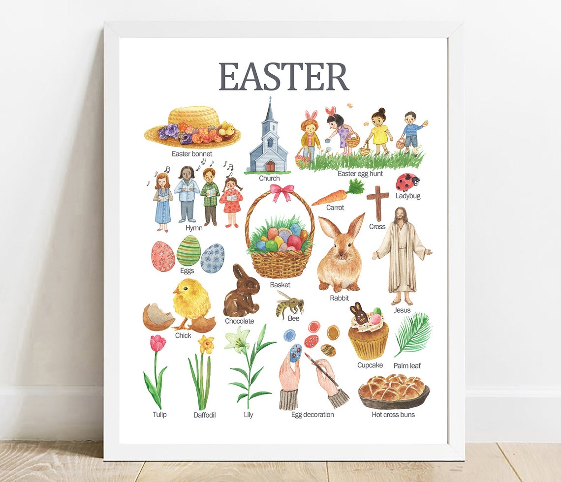 Easter Icons Watercolor Educational Spring Chart Poster for Kids