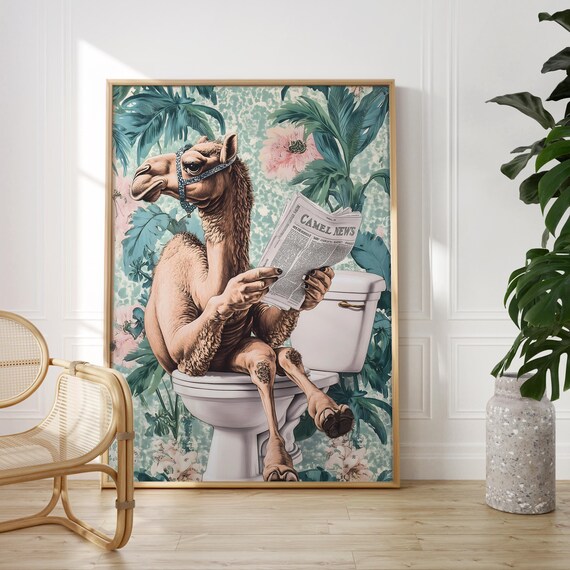 Camel Sitting on a Toilet Reading Camel News Bathroom Poster
