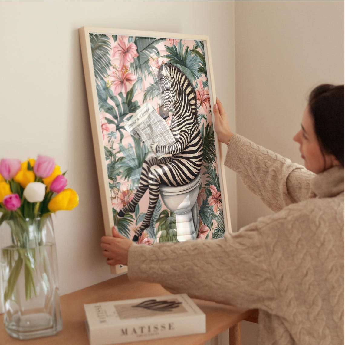 Zebra Sitting on a Toilet Reading Zebra Times Bathroom Poster - Image 3