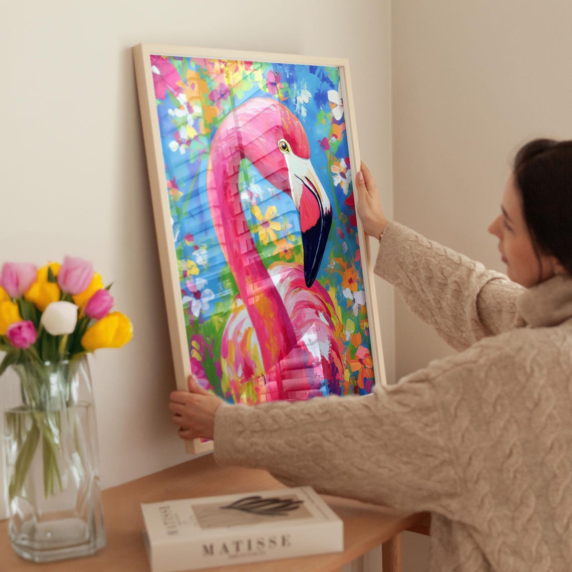 Pink Flamingo Portrait in Bright Abstract Paint With Flowers Poster - Image 3