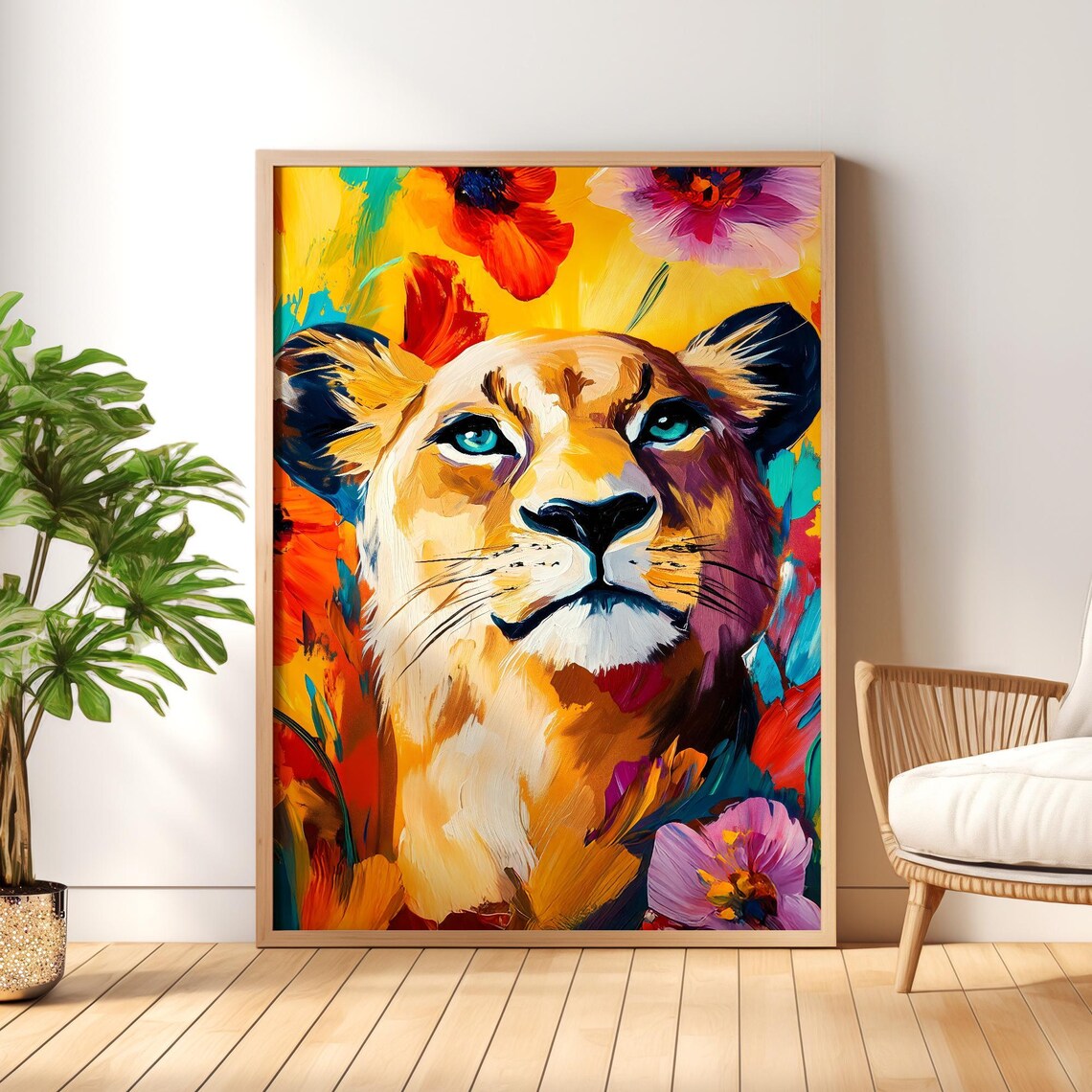 Lioness Portrait in Bold Colorful Paint With Blooming Flowers Poster