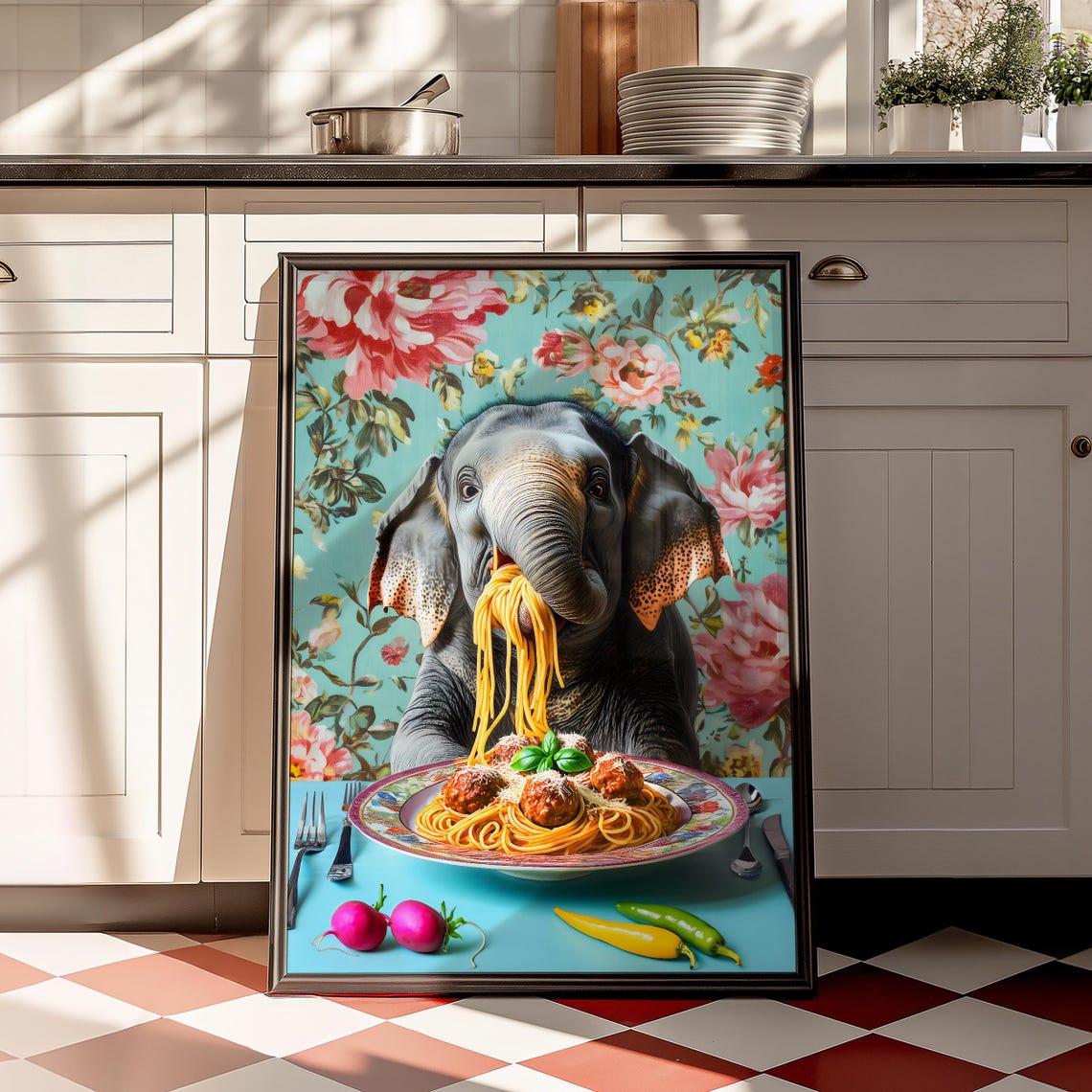 Elephant Eating Spaghetti and Meatballs Floral Kitchen Poster - Image 2