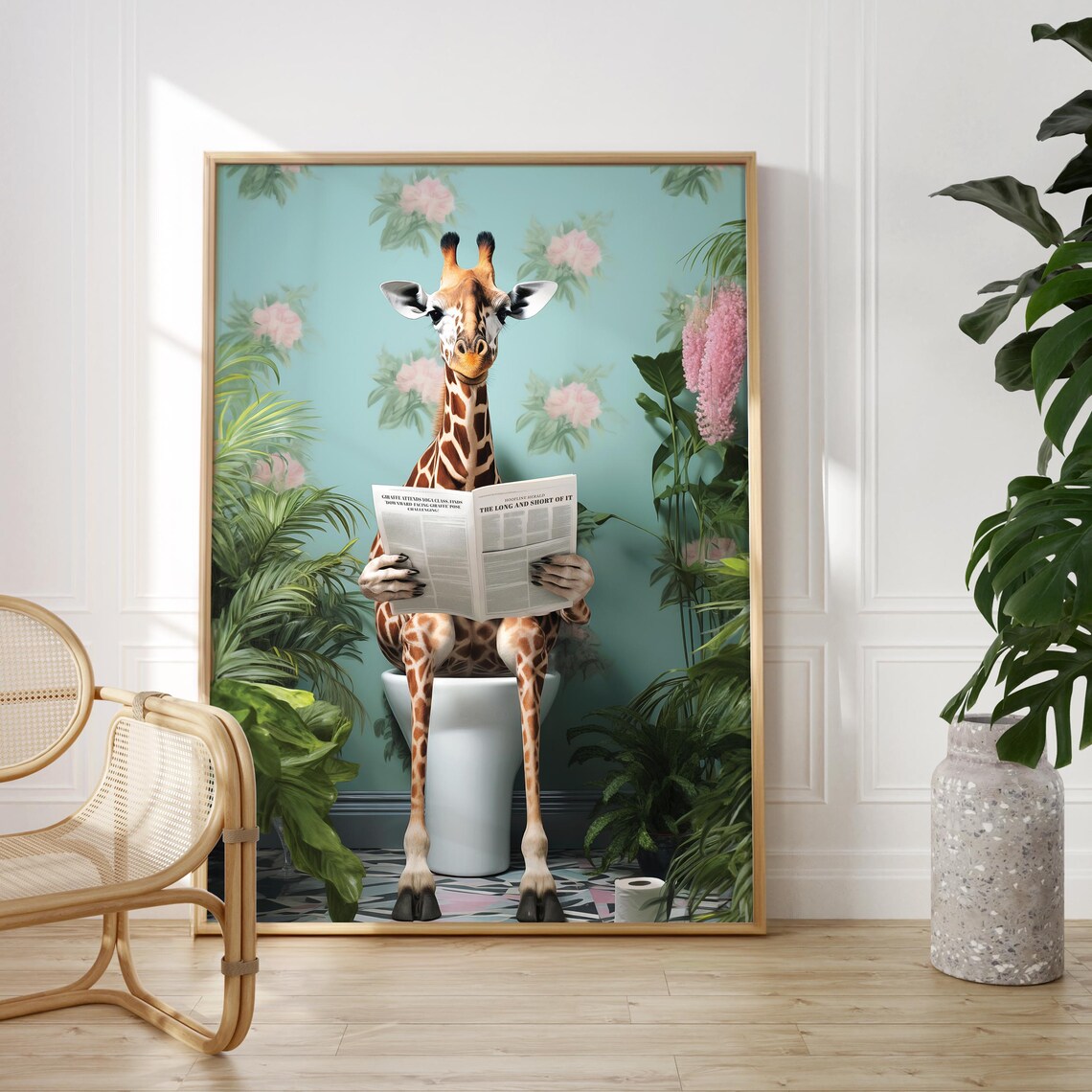 Giraffe Sitting on a Toilet Reading the Newspaper Bathroom Poster - Image 5