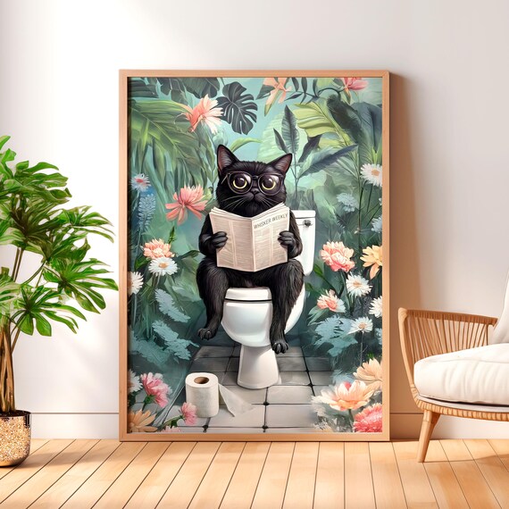 Black Cat In Glasses Reading Whisker Weekly On Toilet Poster