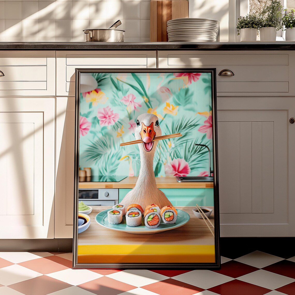 Goose With Chopsticks Eating Sushi in a Bright Kitchen Poster - Image 2