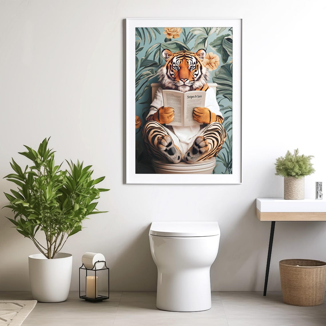 Tiger in a White Bathrobe Reading Stripes and Sass on a Toilet Poster - Image 4