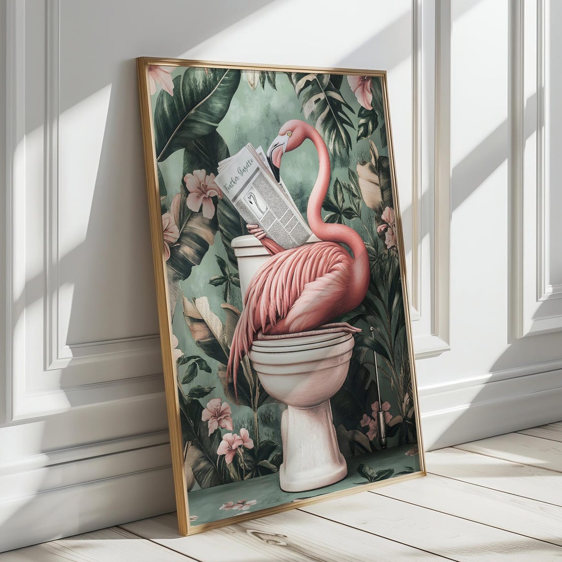 Flamingo on a Toilet Reading the Feather Gazette Bathroom Poster - Image 6
