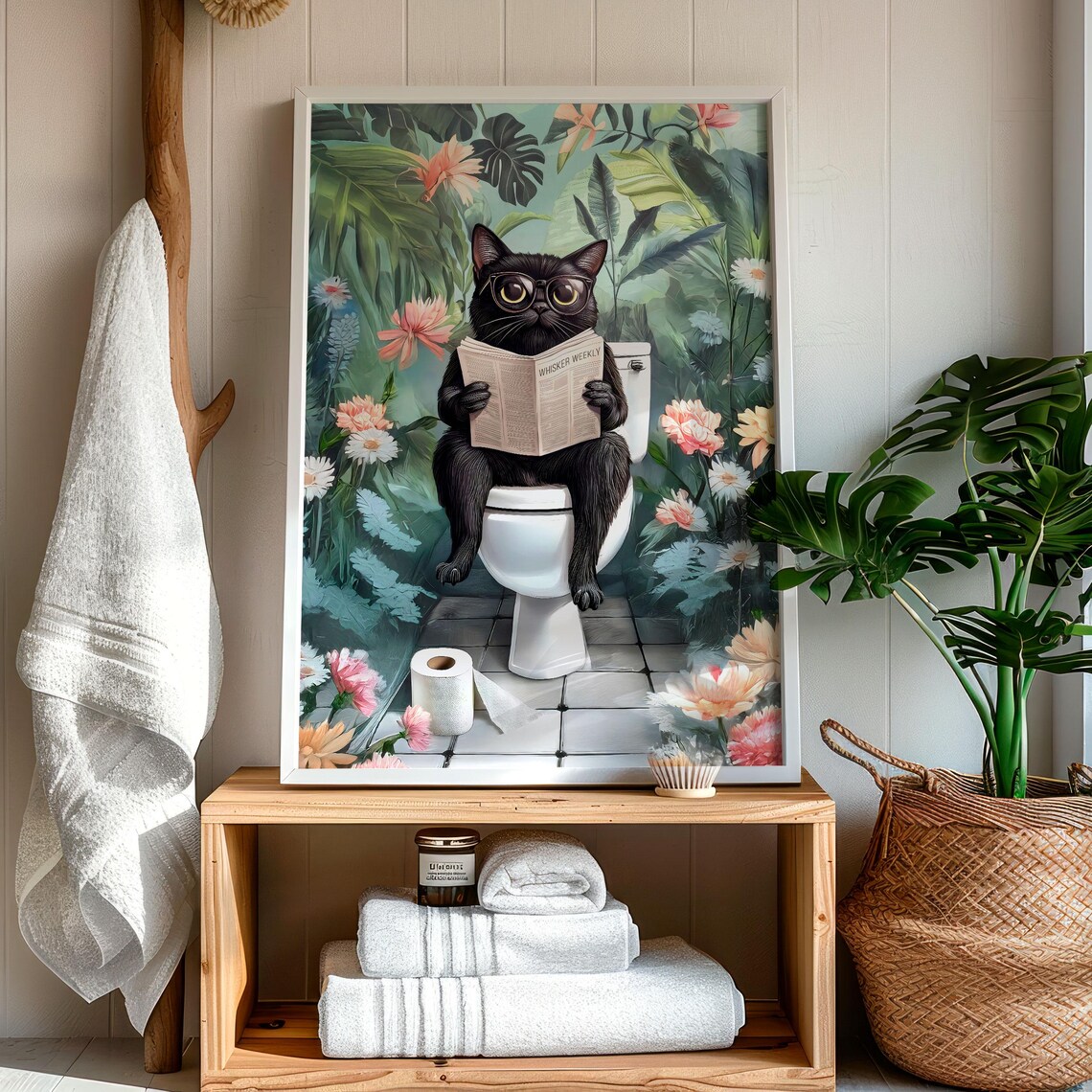 Black Cat In Glasses Reading Whisker Weekly On Toilet Poster - Image 7