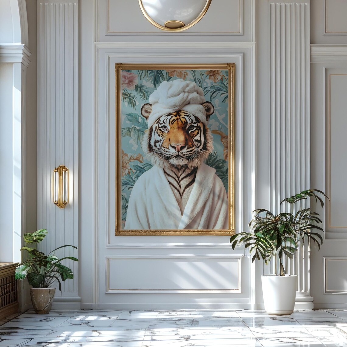 Tiger in a White Spa Robe and a Towel Turban Tropical Bathroom Poster - Image 7