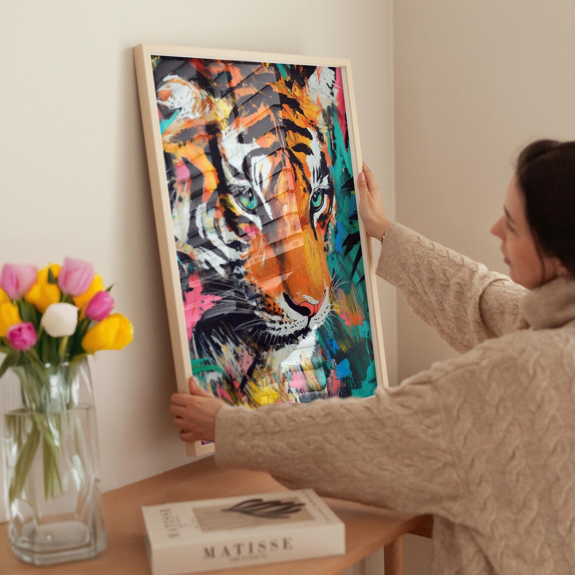 Tiger Face in Vivid Abstract Paint With Tropical Flowers Poster - Image 3