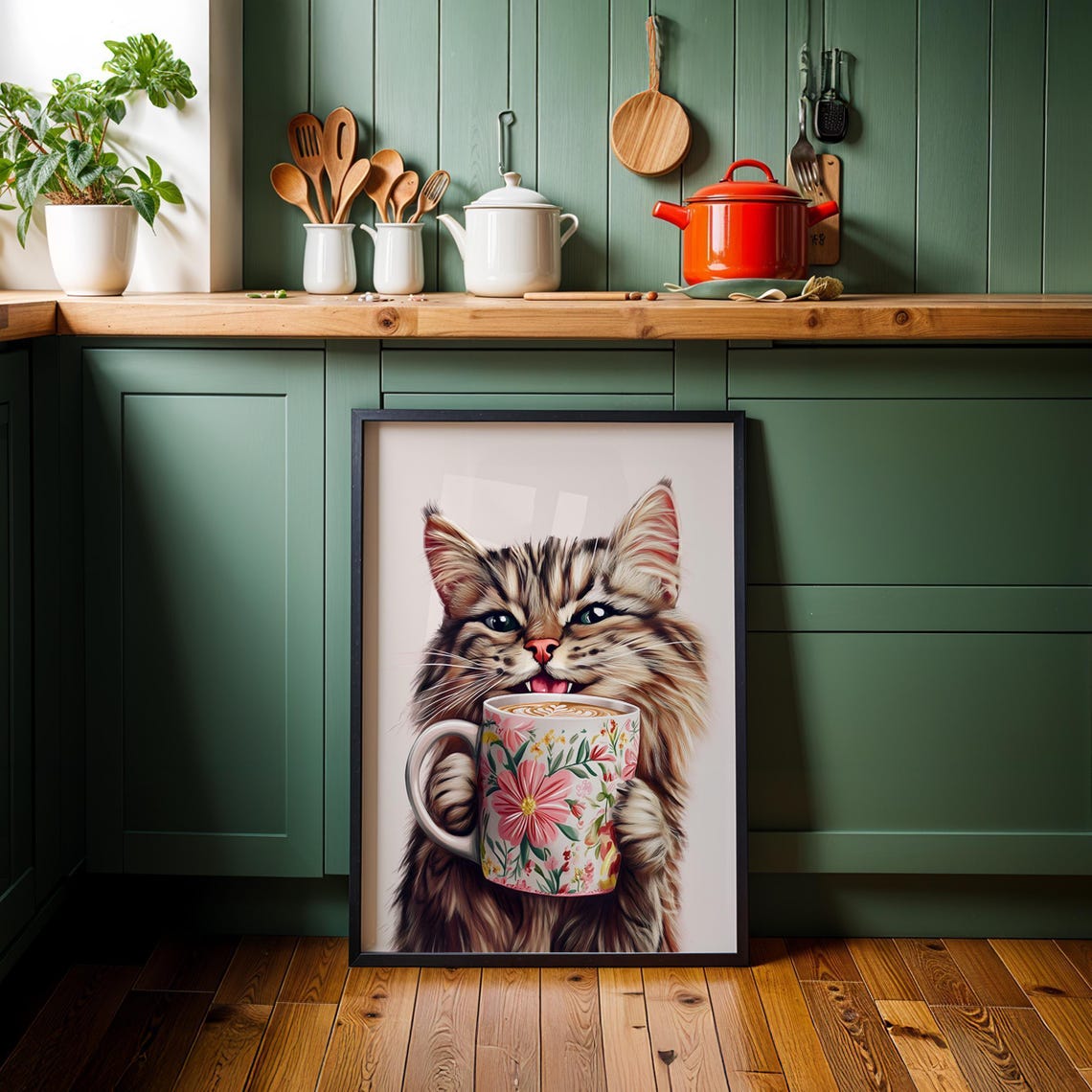 Smiling Tabby Cat Holding Floral Latte Mug On Blush Pink Poster - Image 3
