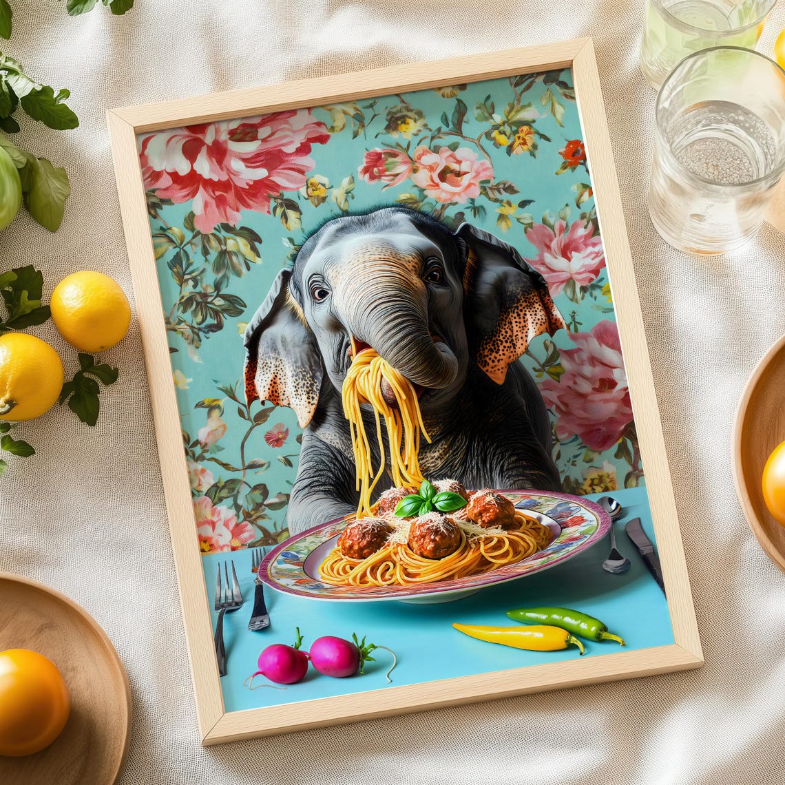 Elephant Eating Spaghetti and Meatballs Floral Kitchen Poster - Image 7