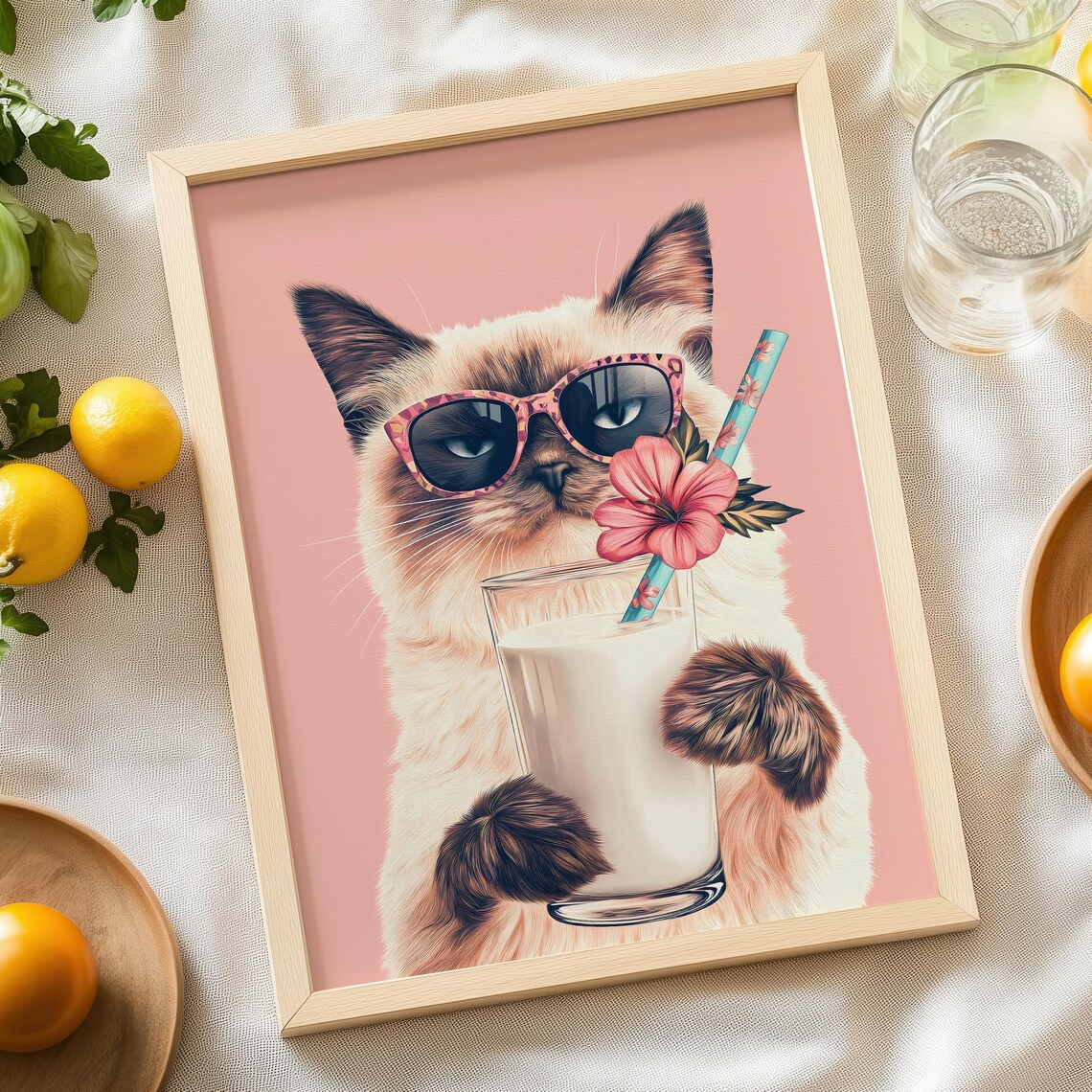 Siamese Cat in Sunglasses Holding a Glass of Milk With Flowers Poster - Image 6