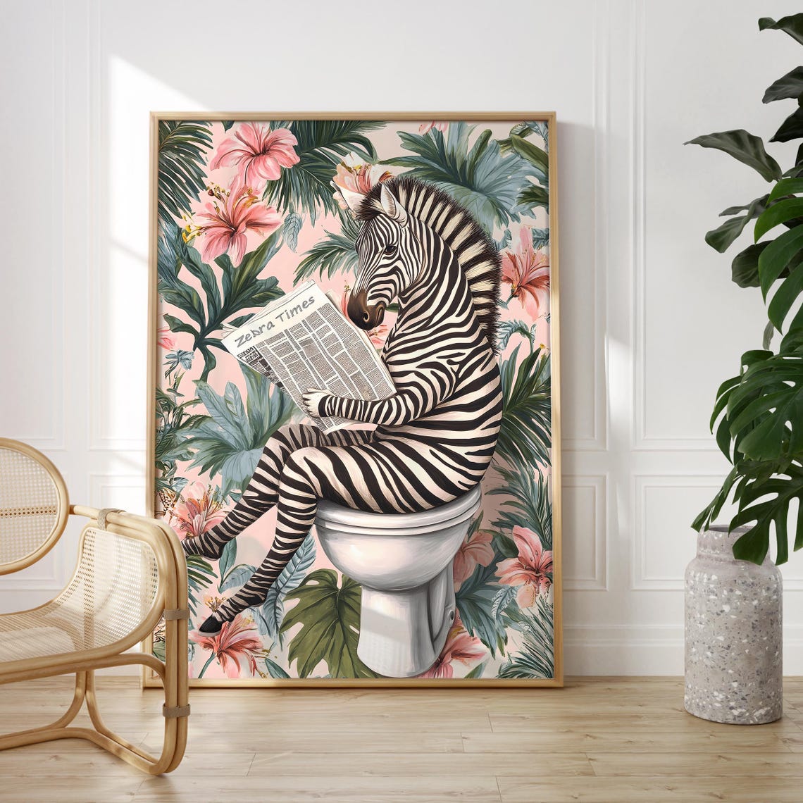 Zebra Sitting on a Toilet Reading Zebra Times Bathroom Poster