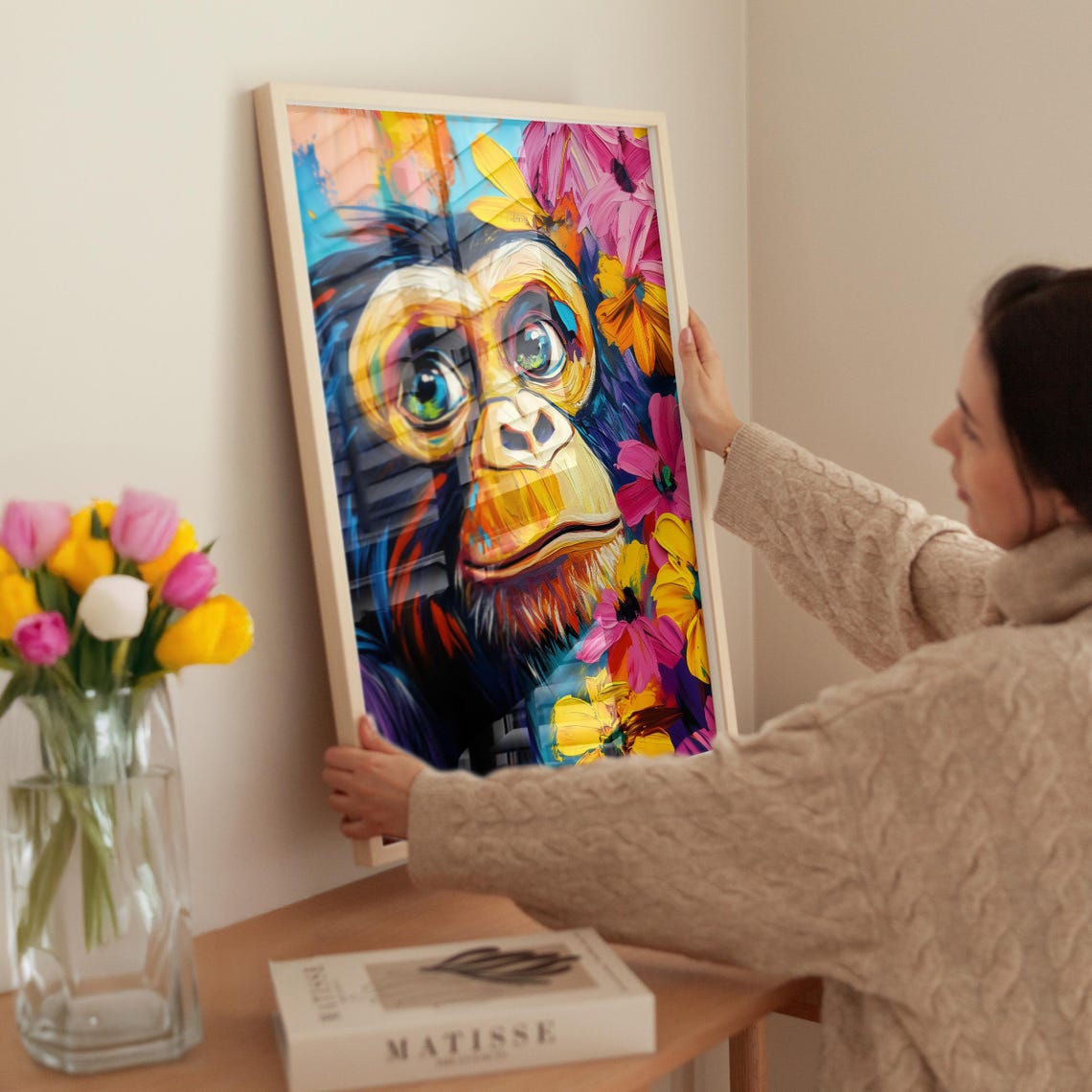 Monkey Portrait in Vivid Abstract Paint With Blooming Flowers Poster - Image 3