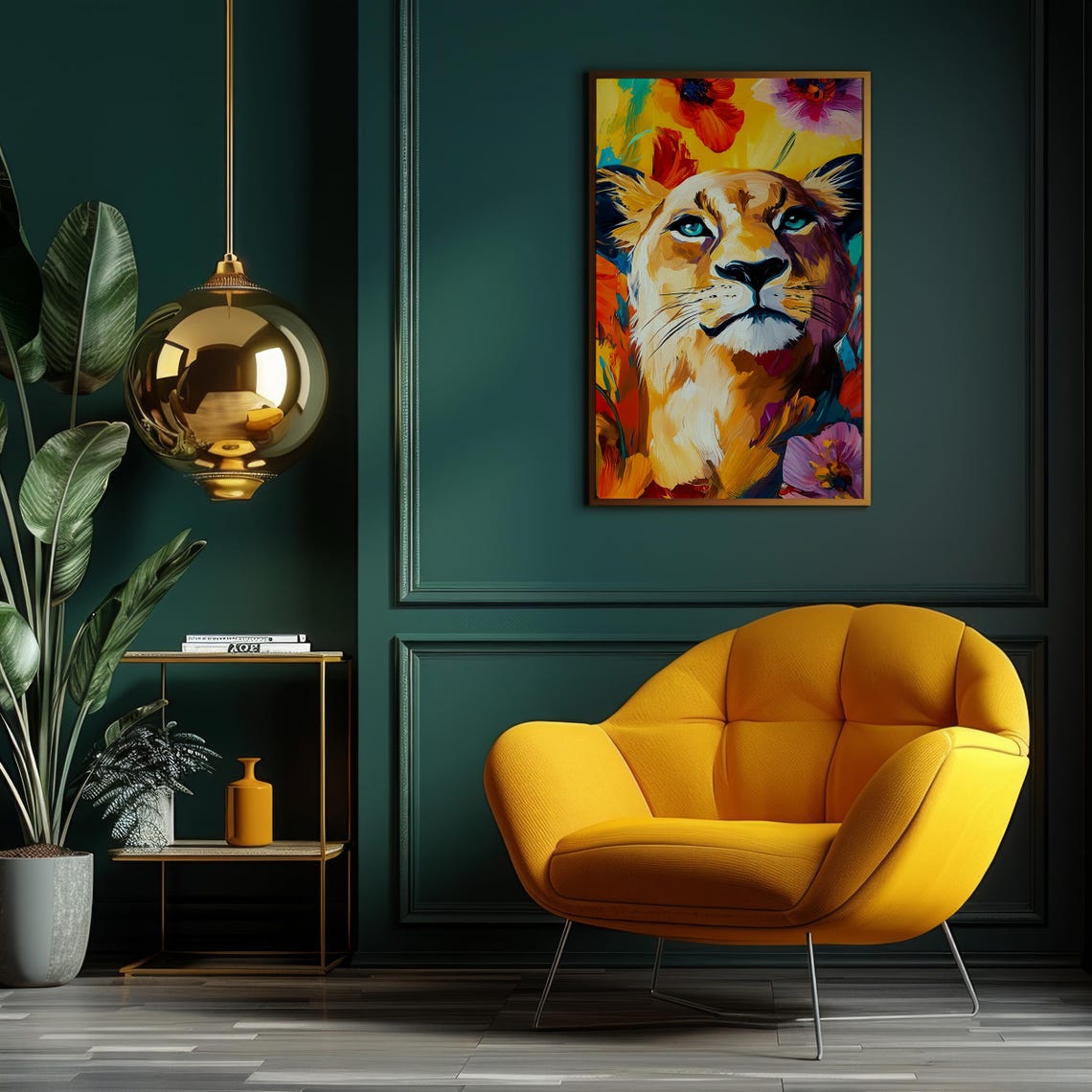 Lioness Portrait in Bold Colorful Paint With Blooming Flowers Poster - Image 6