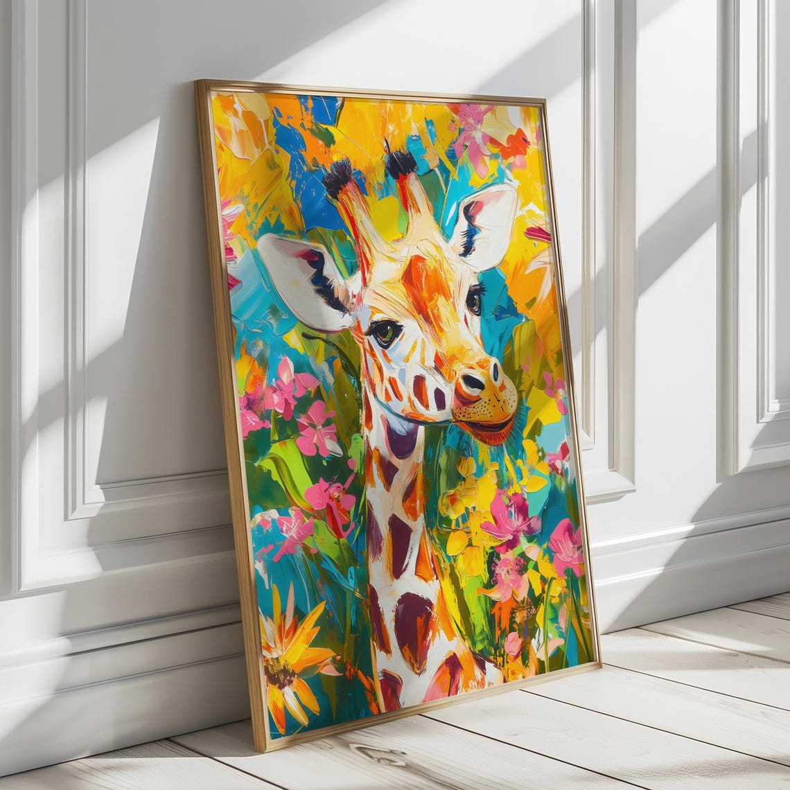 Giraffe Portrait in Bright Abstract Paint With Flowers Poster - Image 5