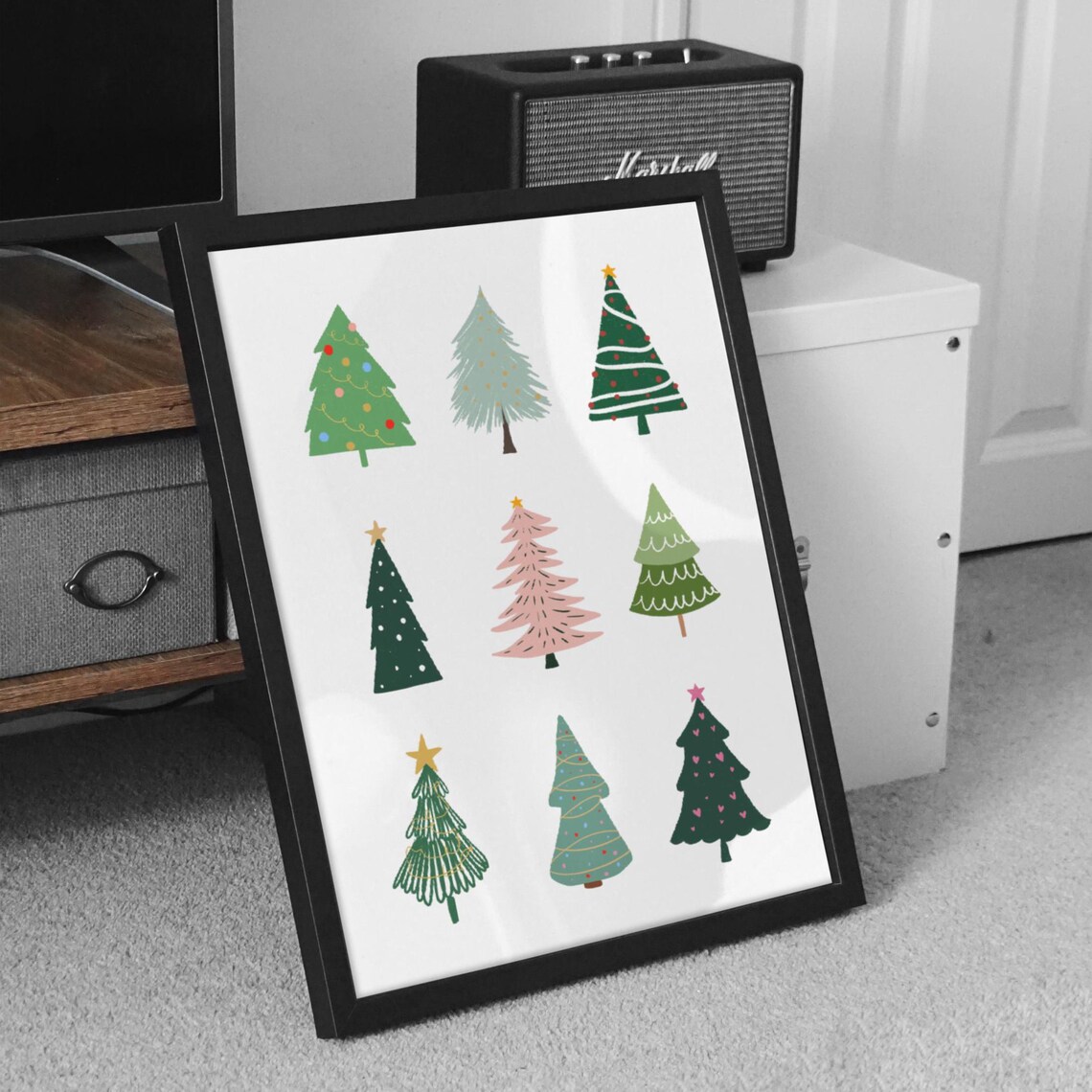 Nine Watercolor Christmas Trees Holiday Grid Kids Room Art Print - Image 4