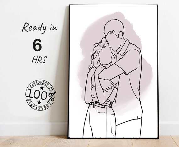 Embracing Couple Line Art With Soft Dusty Rose Watercolor Poster